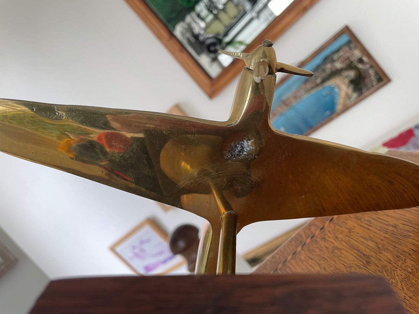 Vintage Brass Spitfire Desk Model Airplane on Wooden Base – Mid Century RAF WW2 Aircraft Ornament