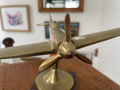 Vintage Brass Spitfire Desk Model Airplane on Wooden Base – Mid Century RAF WW2 Aircraft Ornament