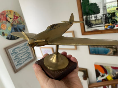 Vintage Brass Spitfire Desk Model Airplane on Wooden Base – Mid Century RAF WW2 Aircraft Ornament