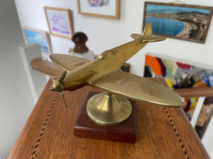 Vintage Brass Spitfire Airplane Desk Ornament on Wooden Base – 1940s RAF WW2 Aviation Collectible Model