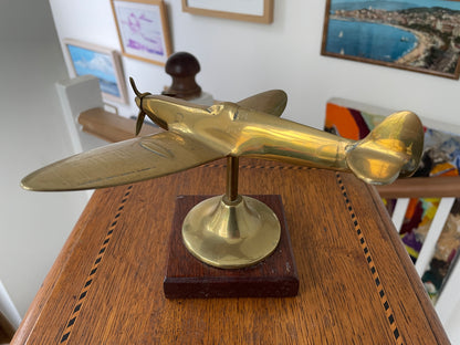 Vintage Brass Spitfire Airplane Desk Ornament on Wooden Base – 1940s RAF WW2 Aviation Collectible Model