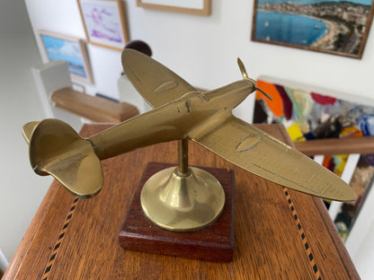 Vintage Brass Spitfire Airplane Desk Ornament on Wooden Base – 1940s RAF WW2 Aviation Collectible Model