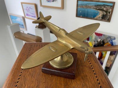 Vintage Brass Spitfire Airplane Desk Ornament on Wooden Base – 1940s RAF WW2 Aviation Collectible Model