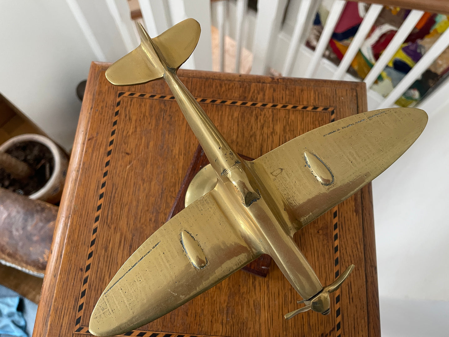 Vintage Brass Spitfire Airplane Desk Ornament on Wooden Base – 1940s RAF WW2 Aviation Collectible Model
