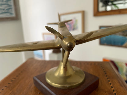 Vintage Brass Spitfire Airplane Desk Ornament on Wooden Base – 1940s RAF WW2 Aviation Collectible Model