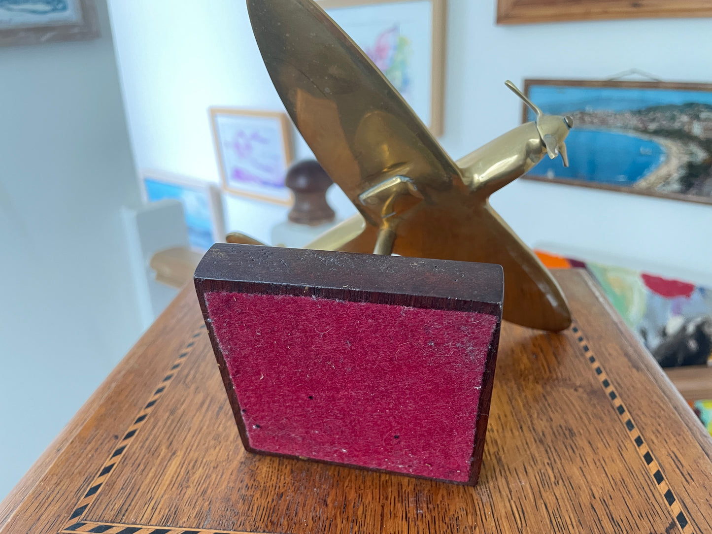 Vintage Brass Spitfire Airplane Desk Ornament on Wooden Base – 1940s RAF WW2 Aviation Collectible Model