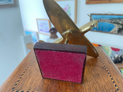 Vintage Brass Spitfire Airplane Desk Ornament on Wooden Base – 1940s RAF WW2 Aviation Collectible Model