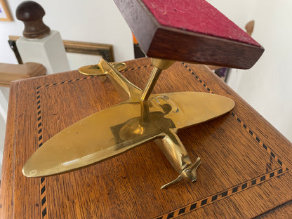 Vintage Brass Spitfire Airplane Desk Ornament on Wooden Base – 1940s RAF WW2 Aviation Collectible Model