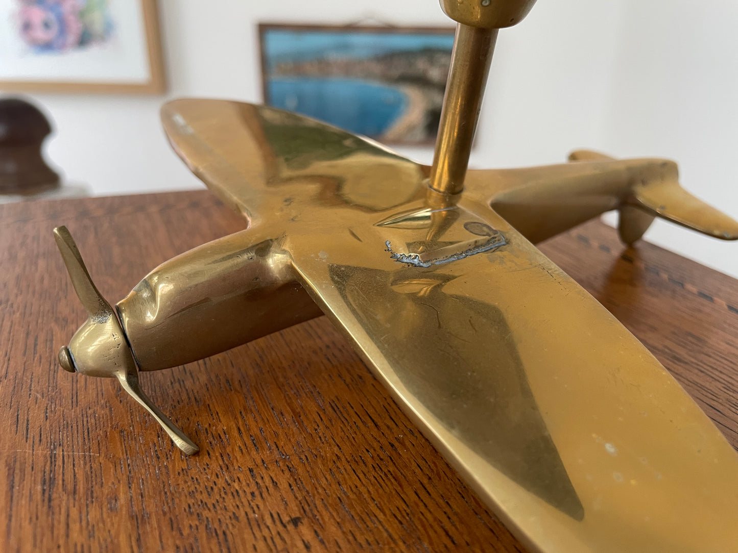 Vintage Brass Spitfire Airplane Desk Ornament on Wooden Base – 1940s RAF WW2 Aviation Collectible Model