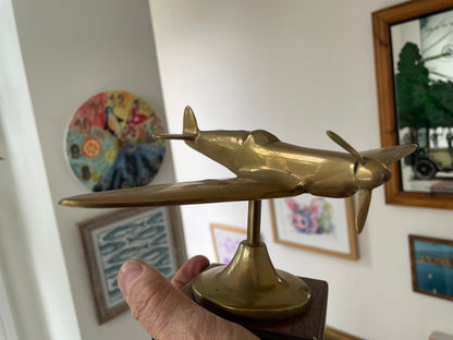 Vintage Brass Spitfire Airplane Desk Ornament on Wooden Base – 1940s RAF WW2 Aviation Collectible Model