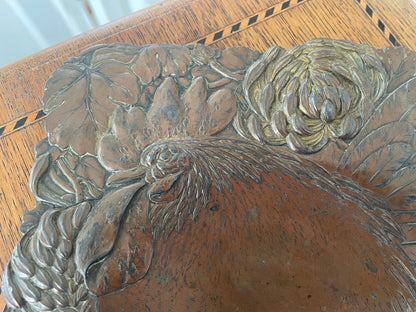 Antique Arts & Crafts Copper Repoussé Dish with Hen and Floral Design, Early 20th Century Decorative Metalwork, 18cm