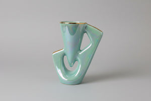 Vintage 1950s Mid-Century Modern Aqua Lustre Vase with Gold Trim, Geometric Retro English Pottery, 12.5cm Art Deco Style Ornament