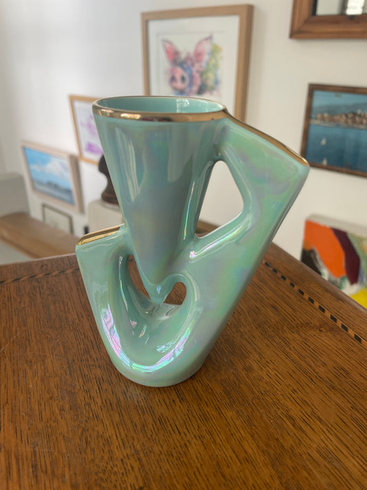 Vintage 1950s Mid-Century Modern Aqua Lustre Vase with Gold Trim, Geometric Retro English Pottery, 12.5cm Art Deco Style Ornament