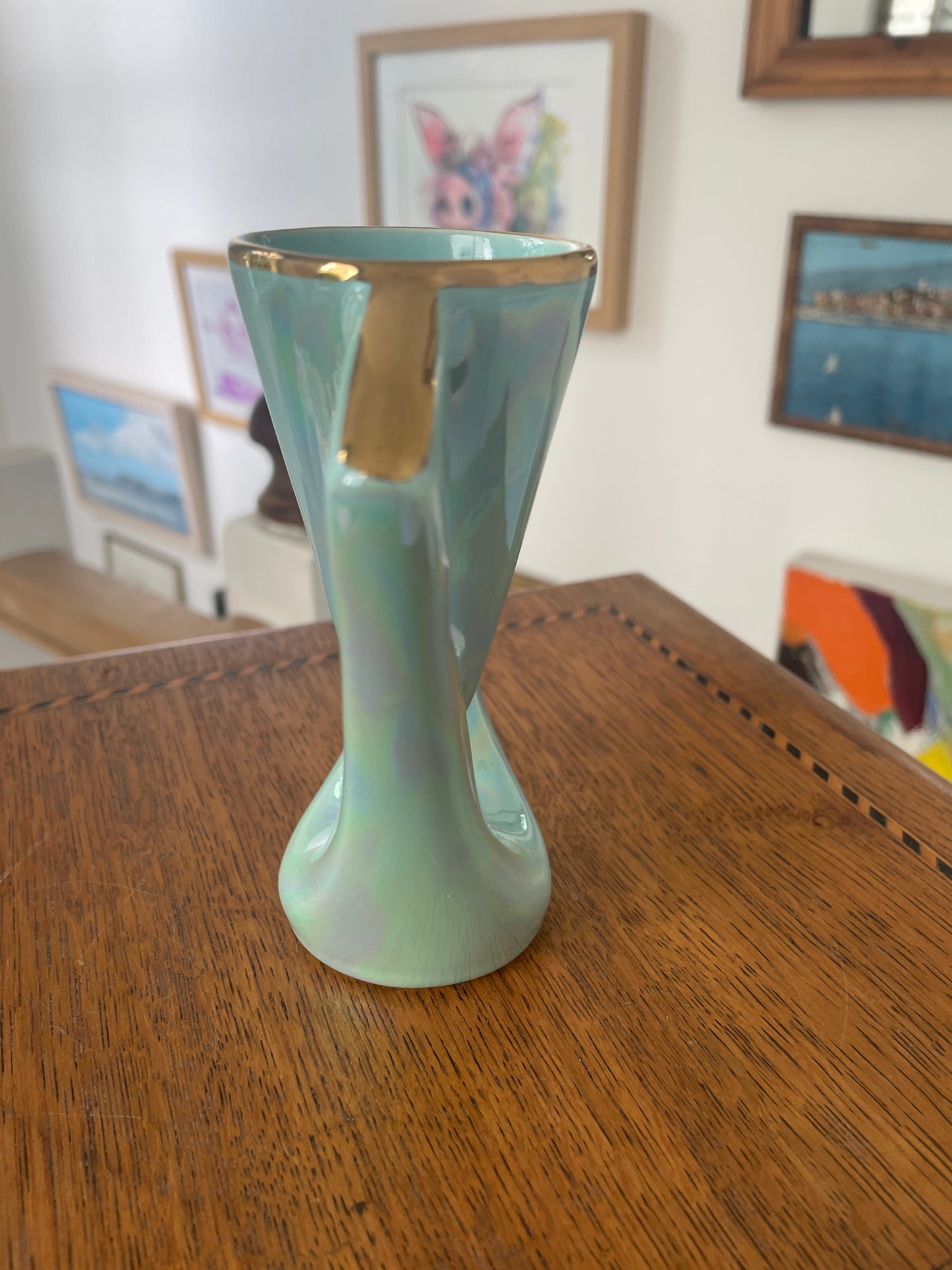Vintage 1950s Mid-Century Modern Aqua Lustre Vase with Gold Trim, Geometric Retro English Pottery, 12.5cm Art Deco Style Ornament