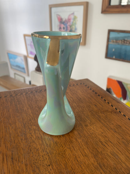 Vintage 1950s Mid-Century Modern Aqua Lustre Vase with Gold Trim, Geometric Retro English Pottery, 12.5cm Art Deco Style Ornament