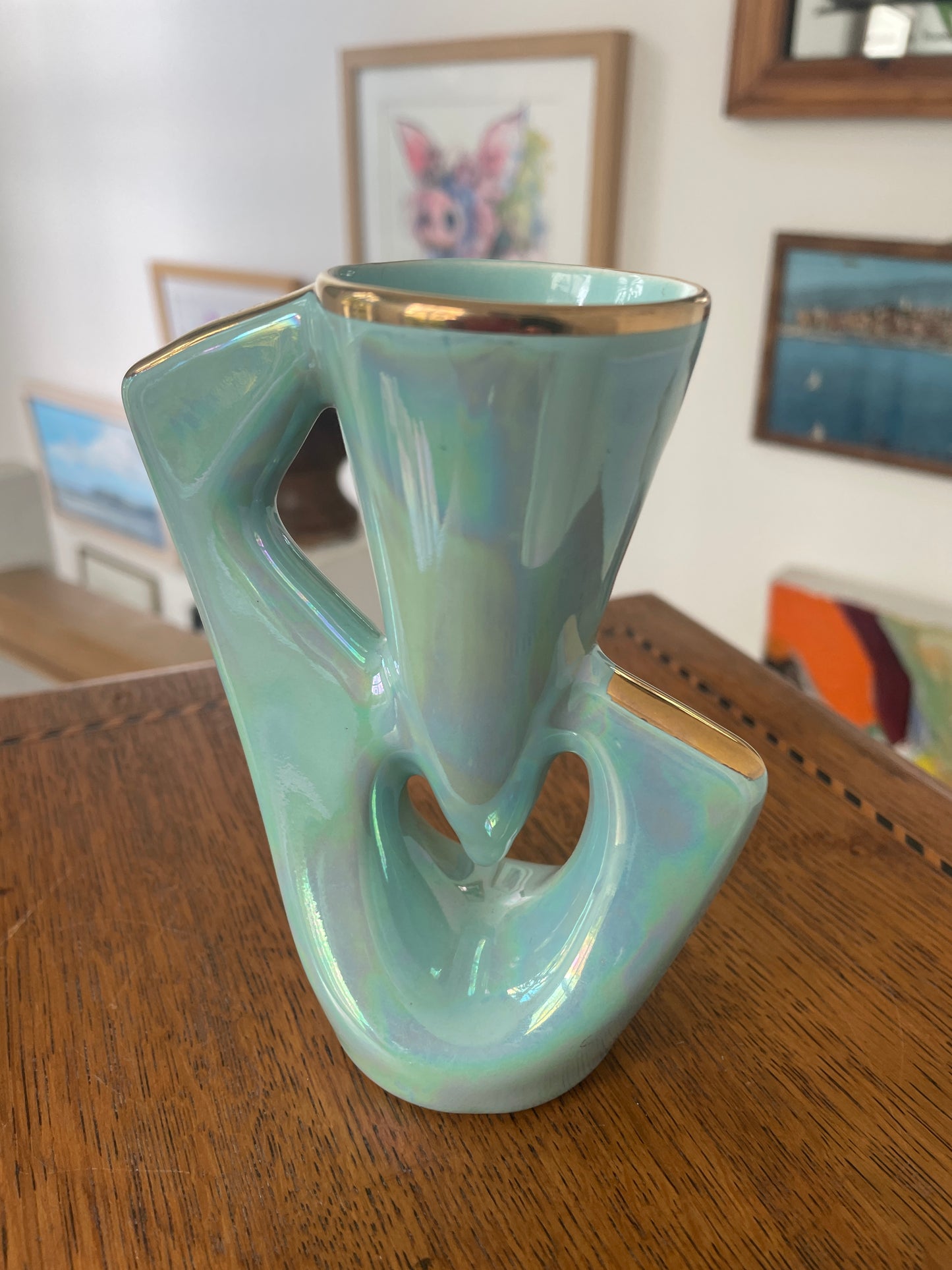 Vintage 1950s Mid-Century Modern Aqua Lustre Vase with Gold Trim, Geometric Retro English Pottery, 12.5cm Art Deco Style Ornament