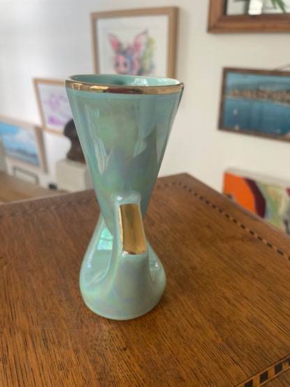 Vintage 1950s Mid-Century Modern Aqua Lustre Vase with Gold Trim, Geometric Retro English Pottery, 12.5cm Art Deco Style Ornament
