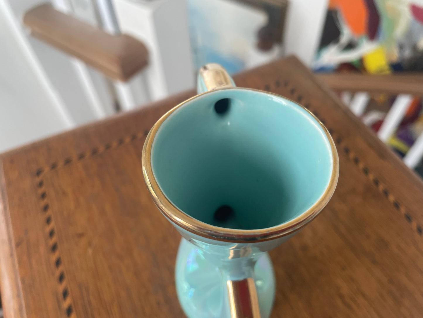 Vintage 1950s Mid-Century Modern Aqua Lustre Vase with Gold Trim, Geometric Retro English Pottery, 12.5cm Art Deco Style Ornament