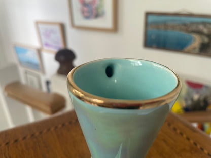 Vintage 1950s Mid-Century Modern Aqua Lustre Vase with Gold Trim, Geometric Retro English Pottery, 12.5cm Art Deco Style Ornament