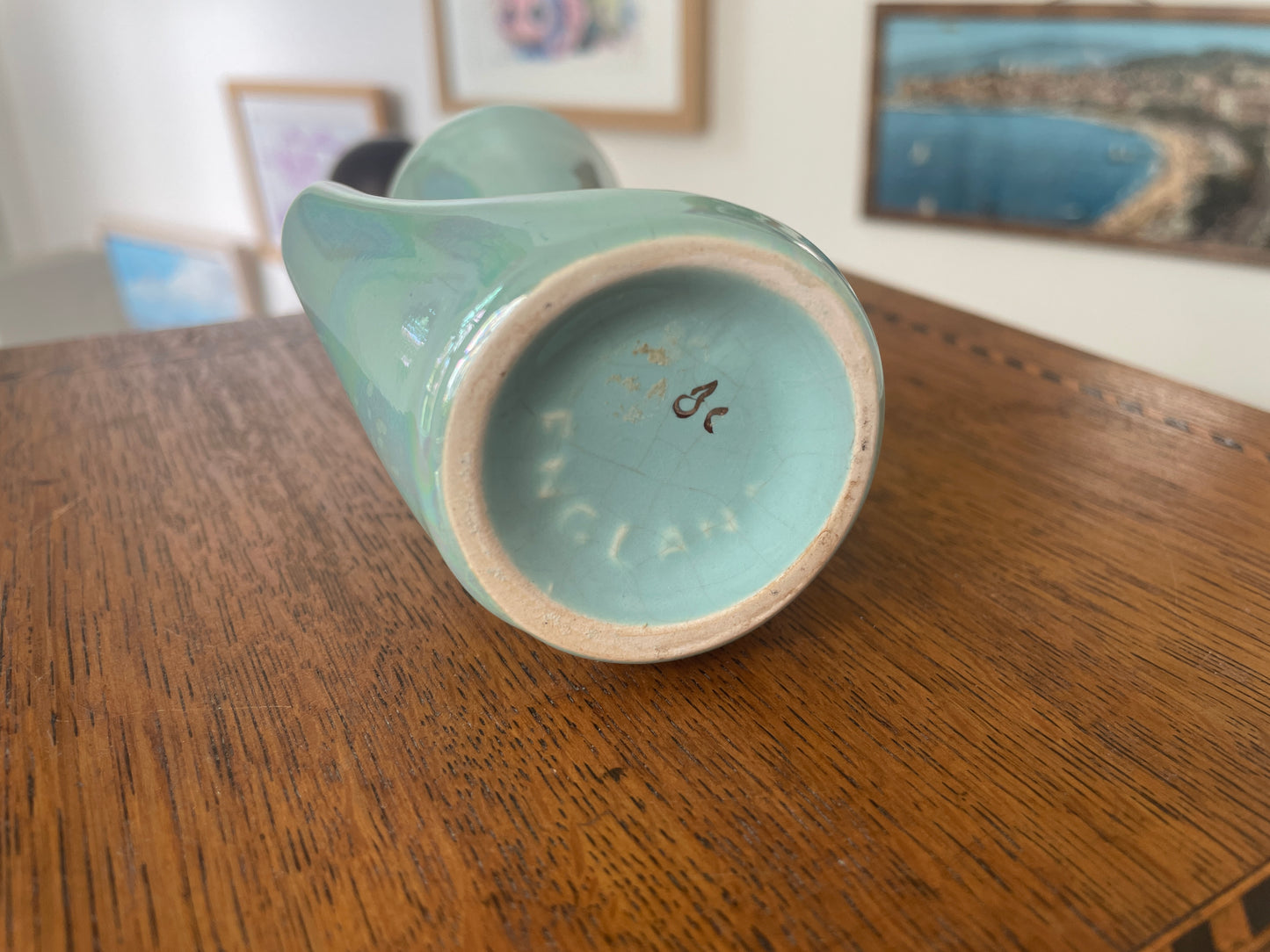 Vintage 1950s Mid-Century Modern Aqua Lustre Vase with Gold Trim, Geometric Retro English Pottery, 12.5cm Art Deco Style Ornament