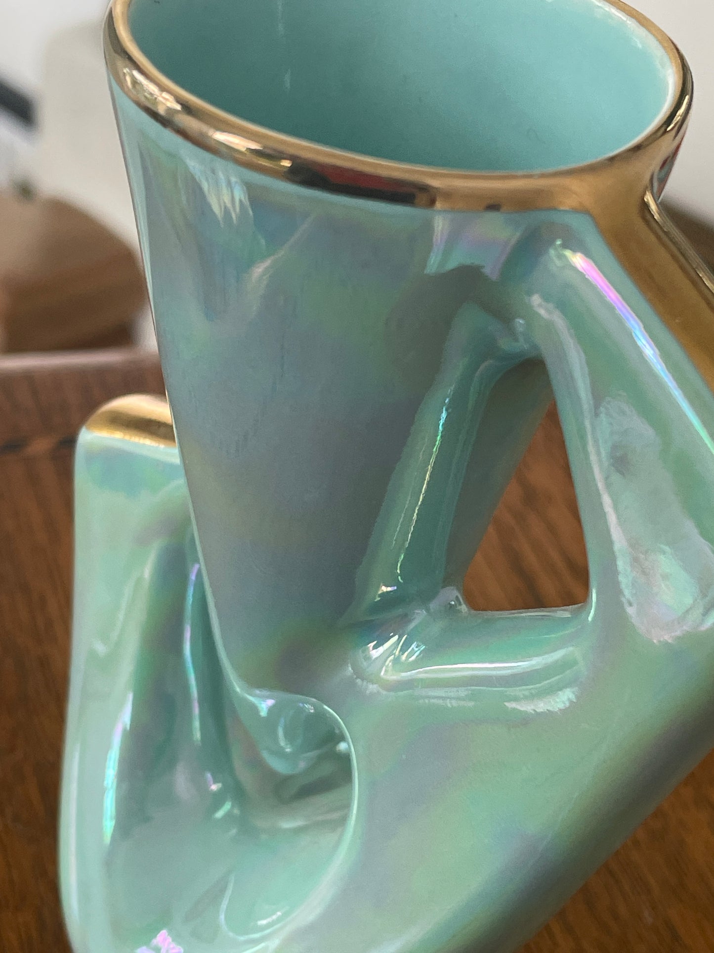 Vintage 1950s Mid-Century Modern Aqua Lustre Vase with Gold Trim, Geometric Retro English Pottery, 12.5cm Art Deco Style Ornament