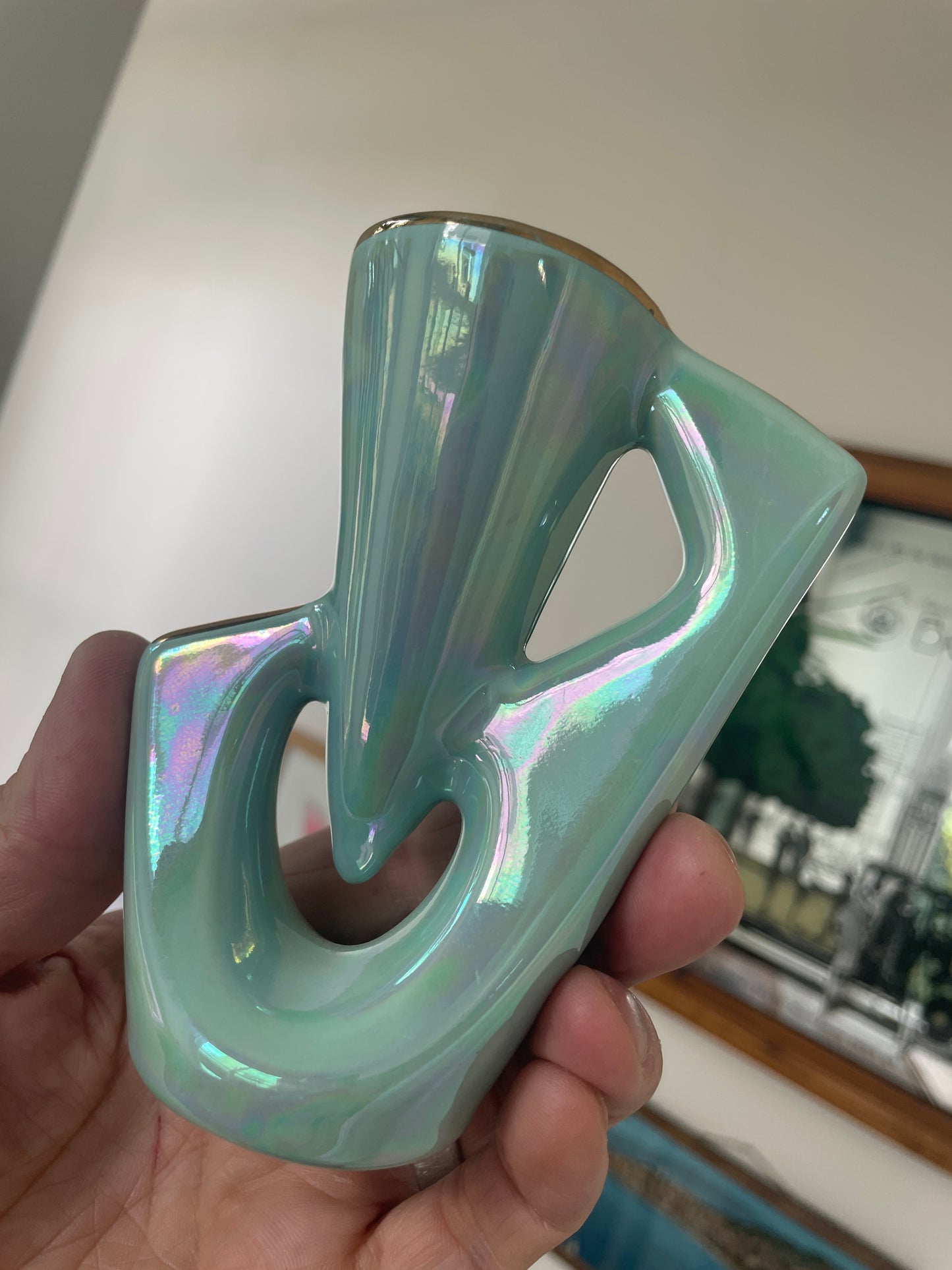 Vintage 1950s Mid-Century Modern Aqua Lustre Vase with Gold Trim, Geometric Retro English Pottery, 12.5cm Art Deco Style Ornament