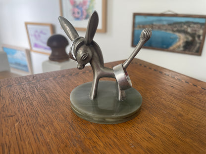 Vintage Seba Products Donkey Ring Holder – Silver Plated Jewellery Stand on Green Onyx Base, 1950s Mid Century Modern Gift