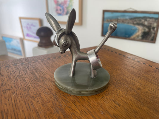 Vintage Seba Products Donkey Ring Holder – Silver Plated Jewellery Stand on Green Onyx Base, 1950s Mid Century Modern Gift