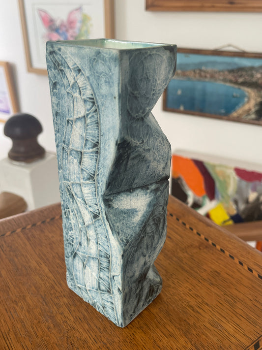Vintage Carn Pottery Vase Cornwall – 1970s Studio Pottery Geometric Textured Blue Green Rectangular Vase, Modernist Cornish Art