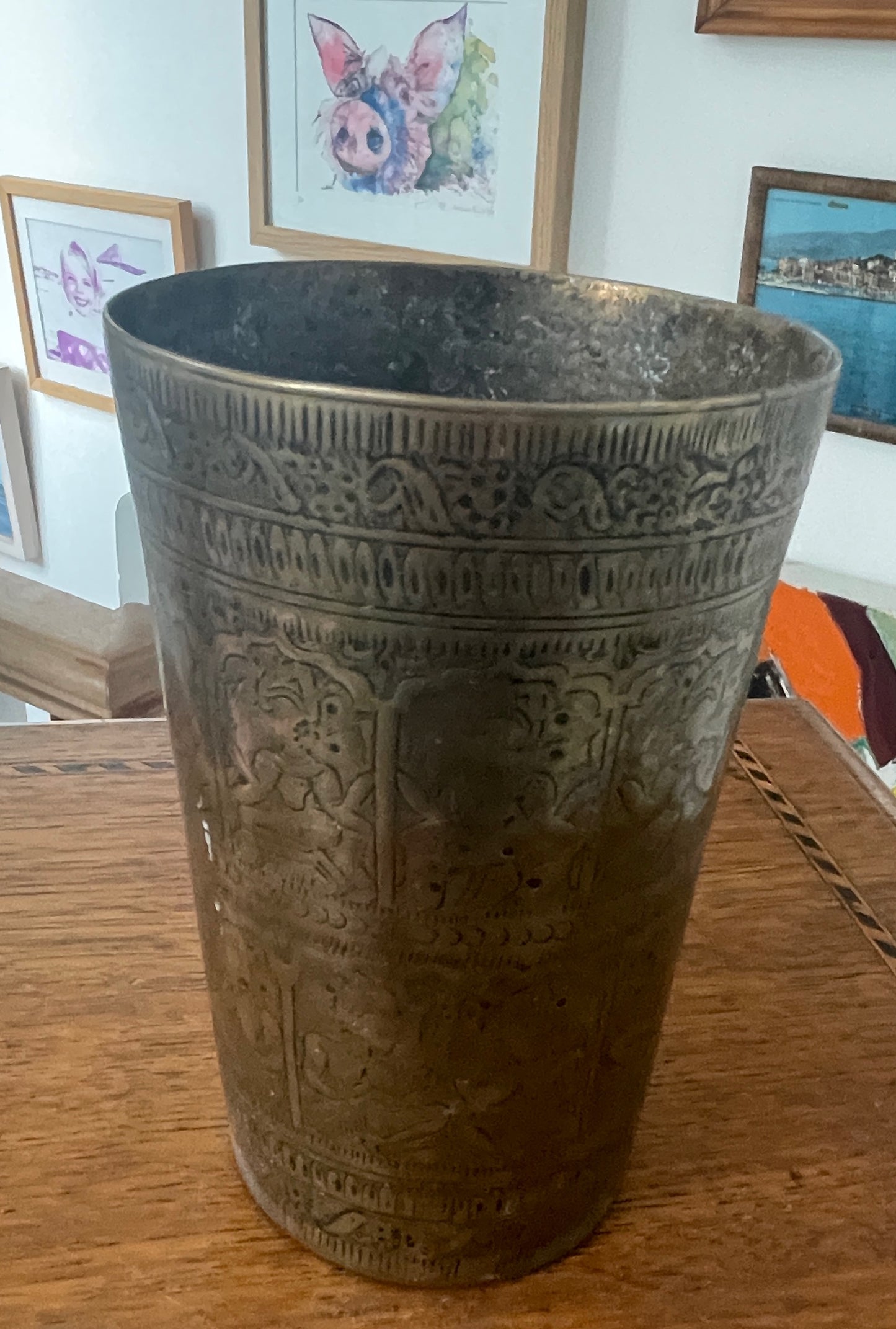 Vintage Hand-Etched Brass Beaker with Figural Panels – Indian / Asian Folk Art Vessel