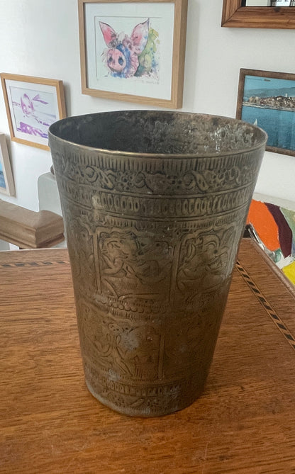 Vintage Hand-Etched Brass Beaker with Figural Panels – Indian / Asian Folk Art Vessel