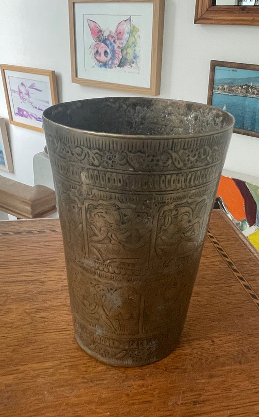 Vintage Hand-Etched Brass Beaker with Figural Panels – Indian / Asian Folk Art Vessel