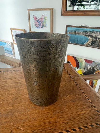Vintage Hand-Etched Brass Beaker with Figural Panels – Indian / Asian Folk Art Vessel