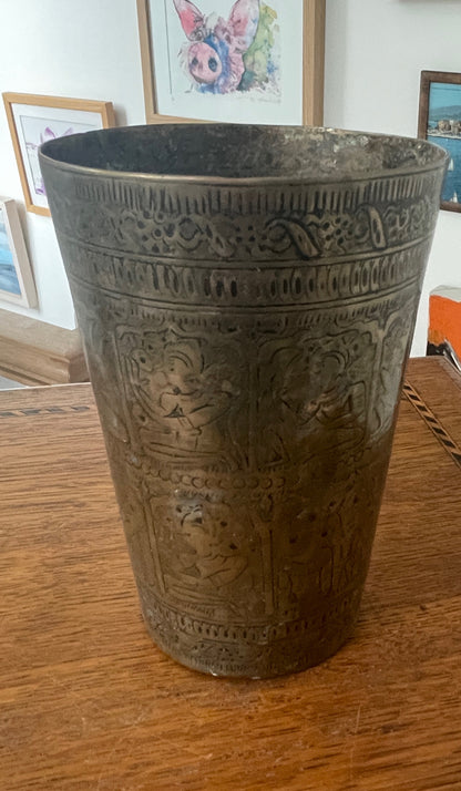 Vintage Hand-Etched Brass Beaker with Figural Panels – Indian / Asian Folk Art Vessel