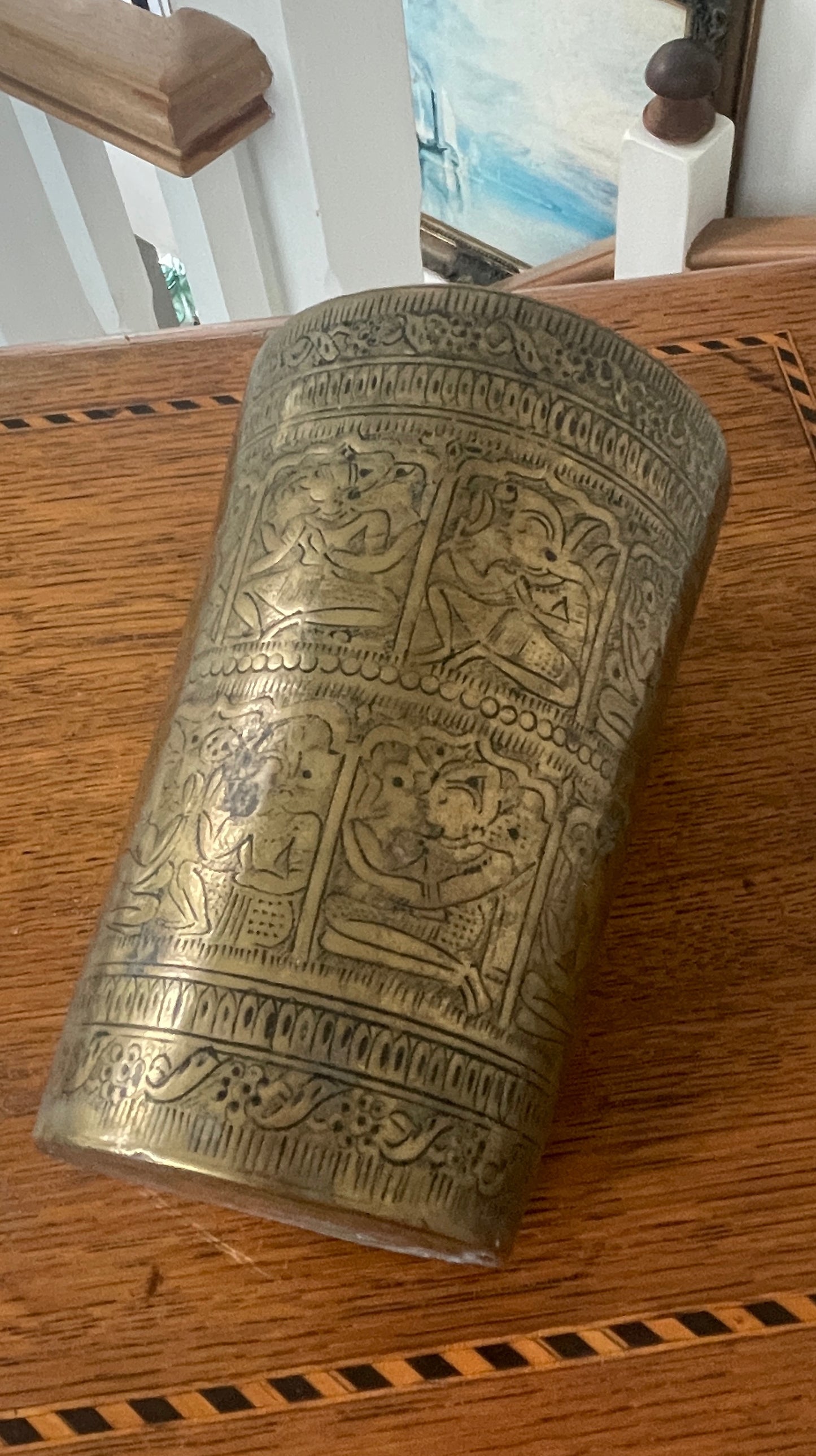 Vintage Hand-Etched Brass Beaker with Figural Panels – Indian / Asian Folk Art Vessel