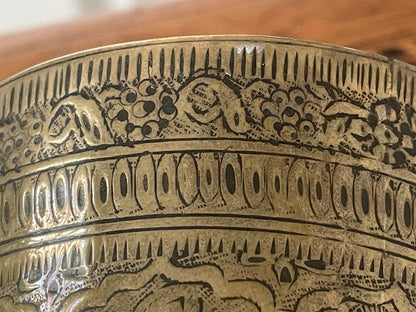 Vintage Hand-Etched Brass Beaker with Figural Panels – Indian / Asian Folk Art Vessel