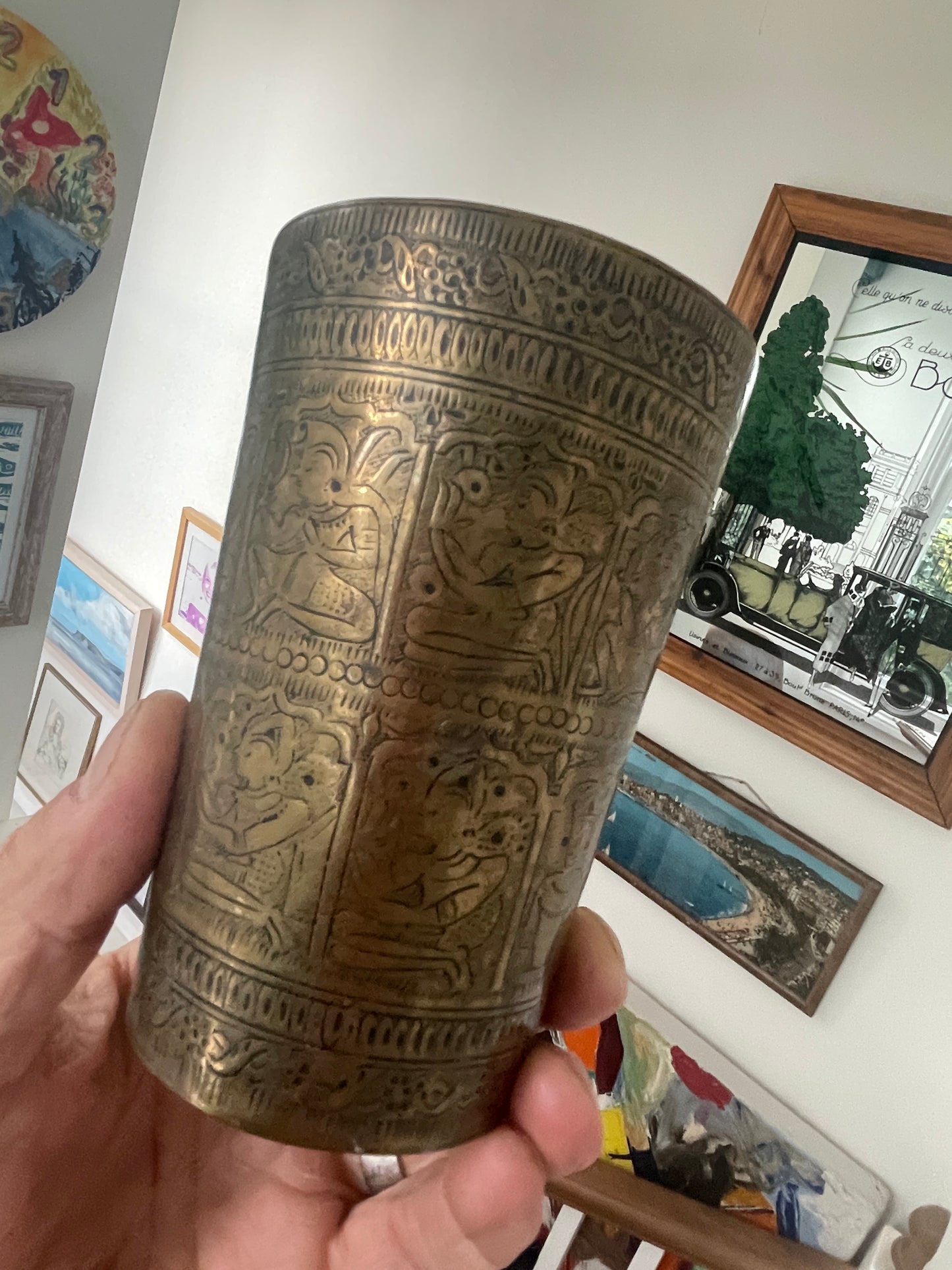 Vintage Hand-Etched Brass Beaker with Figural Panels – Indian / Asian Folk Art Vessel