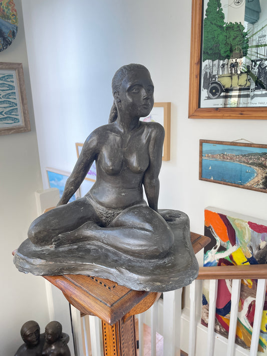 RJW 1988 Signed Seated Nude Figure – Bronze-Tone Fibreglass Sculpture, 33 cm