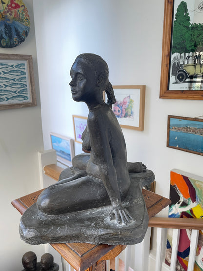 RJW 1988 Signed Seated Nude Figure – Bronze-Tone Fibreglass Sculpture, 33 cm