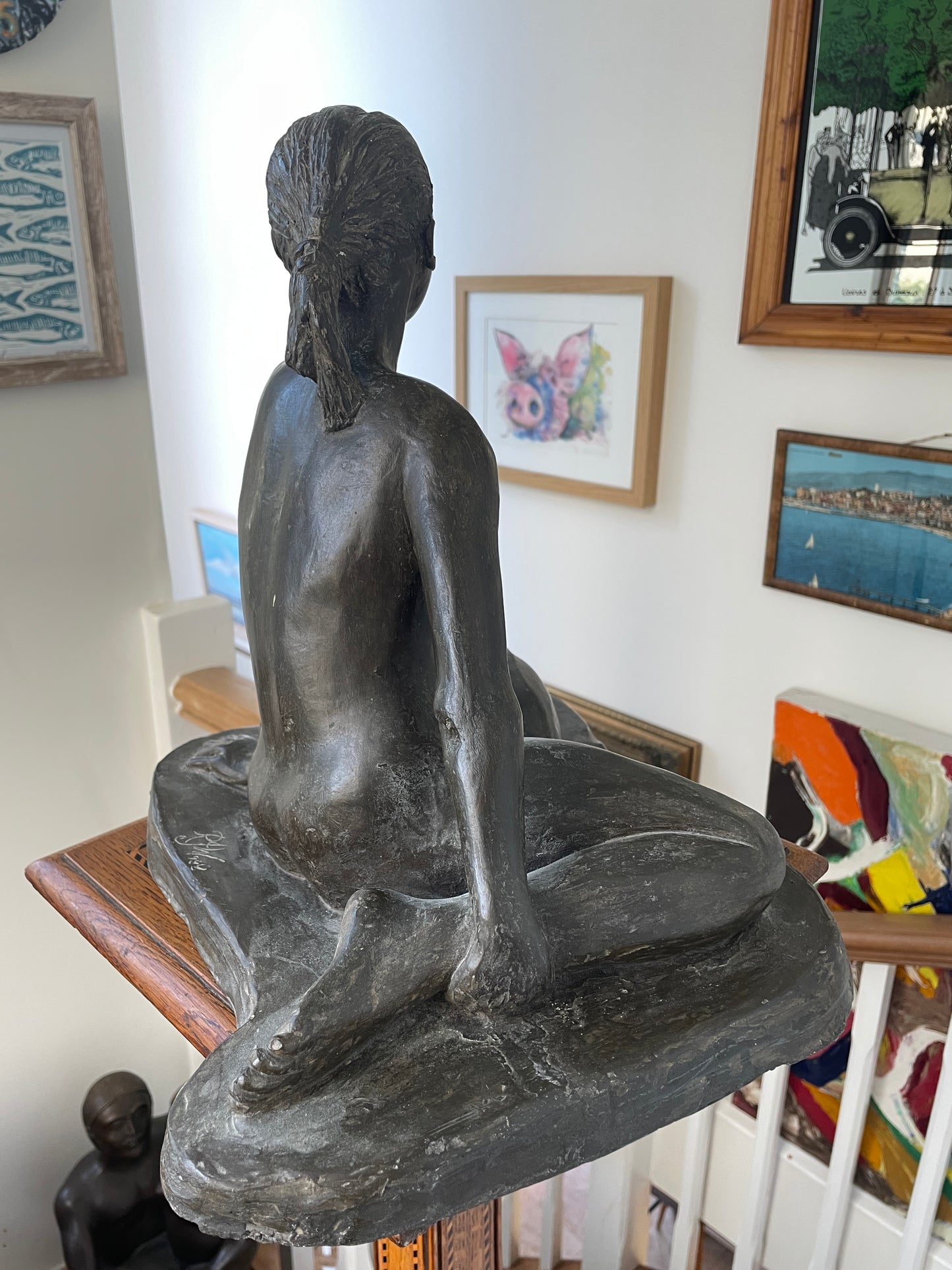 RJW 1988 Signed Seated Nude Figure – Bronze-Tone Fibreglass Sculpture, 33 cm