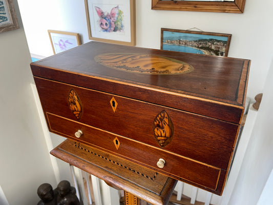 Antique Georgian Mahogany Inlaid Shell Sewing Box with Drawer & Key – 19th Century English Writing Box, Satinwood Stringing 40x20x18cm