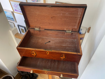 Antique Georgian Mahogany Inlaid Shell Sewing Box with Drawer & Key – 19th Century English Writing Box, Satinwood Stringing 40x20x18cm
