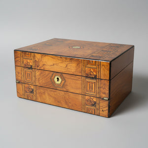 Victorian Walnut and Parquetry Inlaid Sewing & Writing Box, Dated 1876 – Antique Walnut Work Box with Mother of Pearl Cartouche
