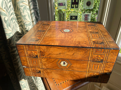 Victorian Walnut and Parquetry Inlaid Sewing & Writing Box, Dated 1876 – Antique Walnut Work Box with Mother of Pearl Cartouche