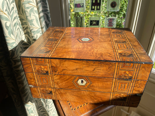 Victorian Walnut and Parquetry Inlaid Sewing & Writing Box, Dated 1876 – Antique Walnut Work Box with Mother of Pearl Cartouche