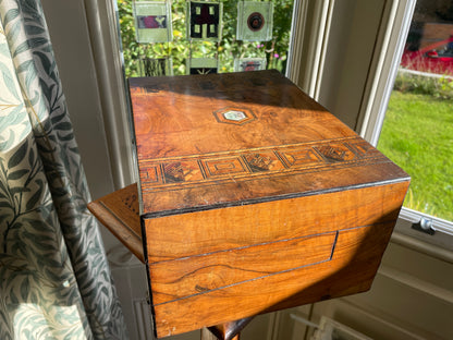 Victorian Walnut and Parquetry Inlaid Sewing & Writing Box, Dated 1876 – Antique Walnut Work Box with Mother of Pearl Cartouche