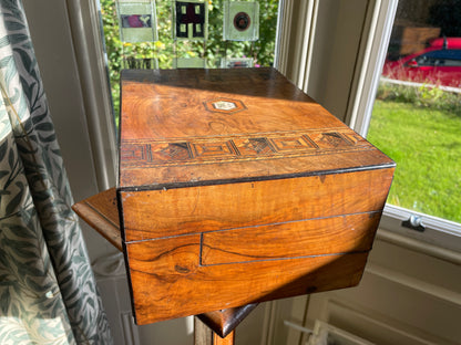 Victorian Walnut and Parquetry Inlaid Sewing & Writing Box, Dated 1876 – Antique Walnut Work Box with Mother of Pearl Cartouche