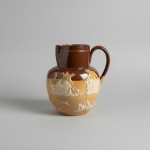 Antique Royal Doulton Lambeth Salt Glaze Jug – c.1910 Stoneware Tavern Scene Relief, Two Tone Brown & Tan Pottery Pitcher 21cm