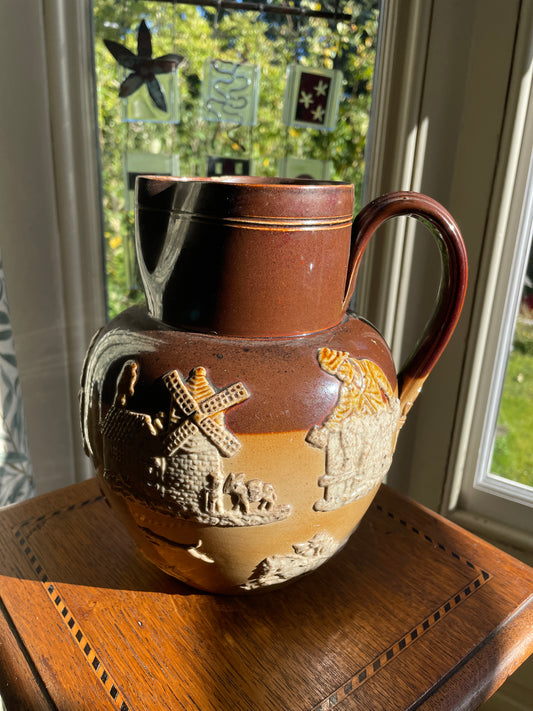 Antique Royal Doulton Lambeth Salt Glaze Jug – c.1910 Stoneware Tavern Scene Relief, Two Tone Brown & Tan Pottery Pitcher 21cm