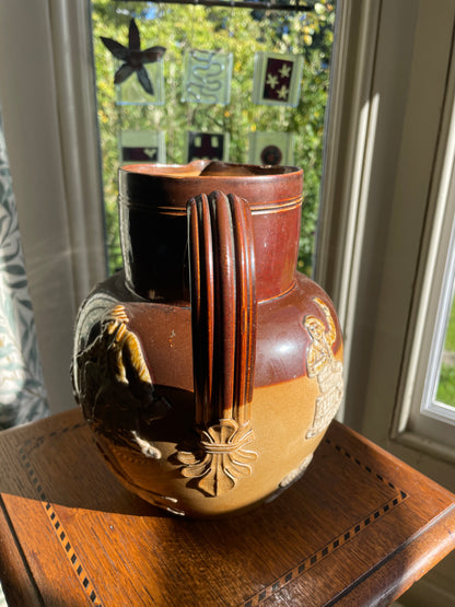 Antique Royal Doulton Lambeth Salt Glaze Jug – c.1910 Stoneware Tavern Scene Relief, Two Tone Brown & Tan Pottery Pitcher 21cm